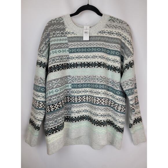 Loft Women's Patchwork Fair Isle Sweater Blue Teal Gray Brown Ivory Size XXL - Picture 1 of 9